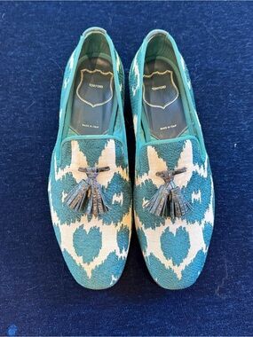 Tom Ford Teal and Cream Ikat Tassel Loafers